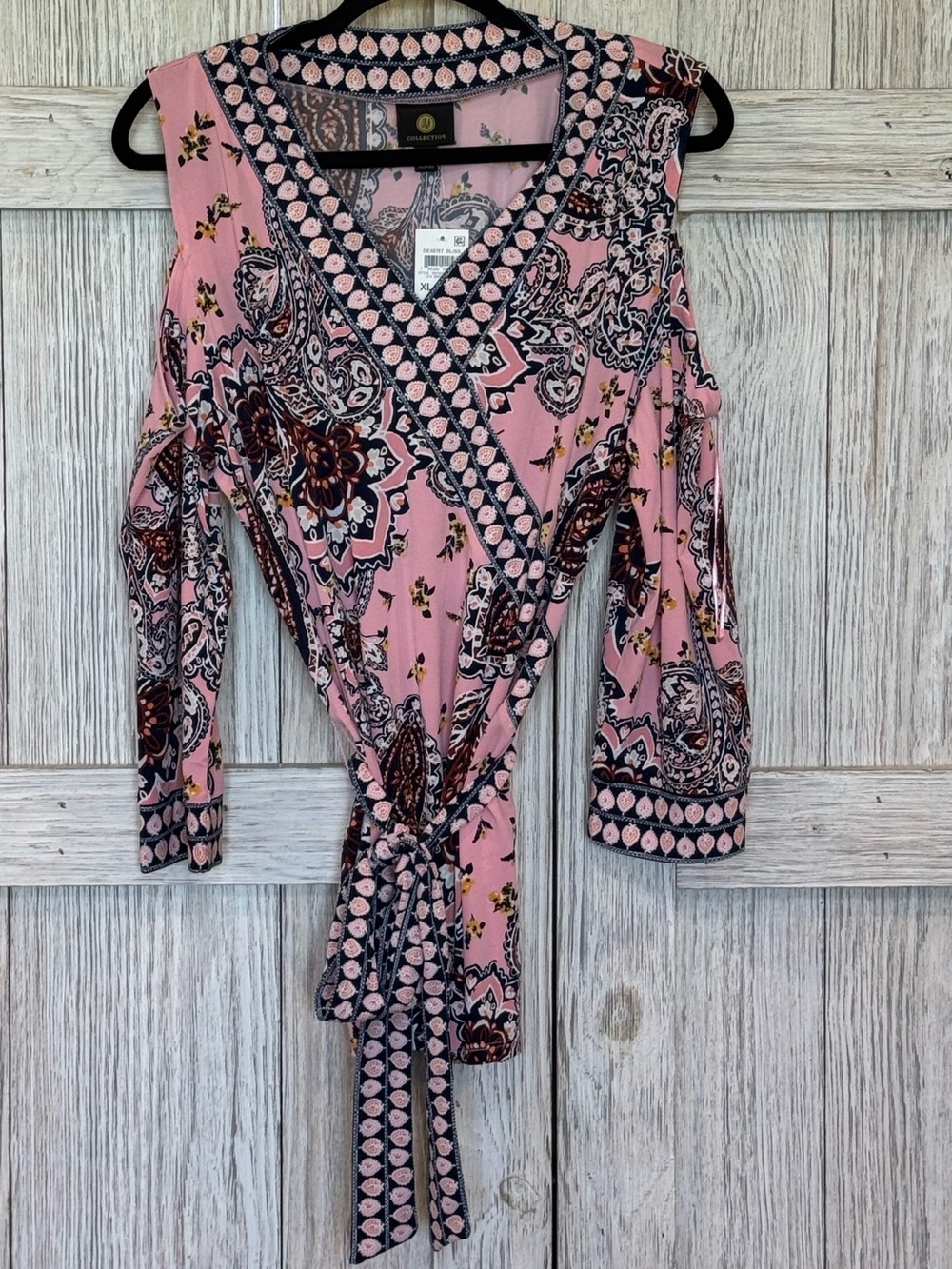 JM Collection Pink Paisley Cold-Shoulder Faux Wrap Blouse Sz XL NWT